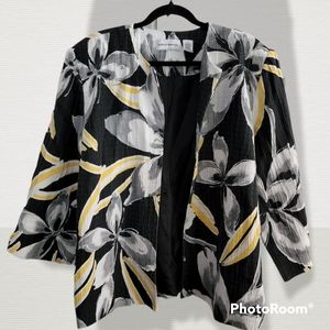 Alfred Dunner black gray yellow floral open front jacket, size 20